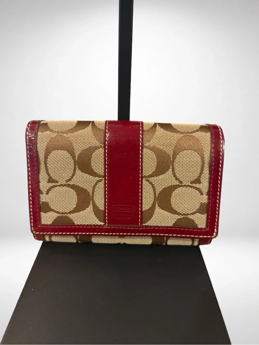 COACH Signature Canvas Leather Trifold Wallet Red Khaki Logo Wallet Y2K Vintage